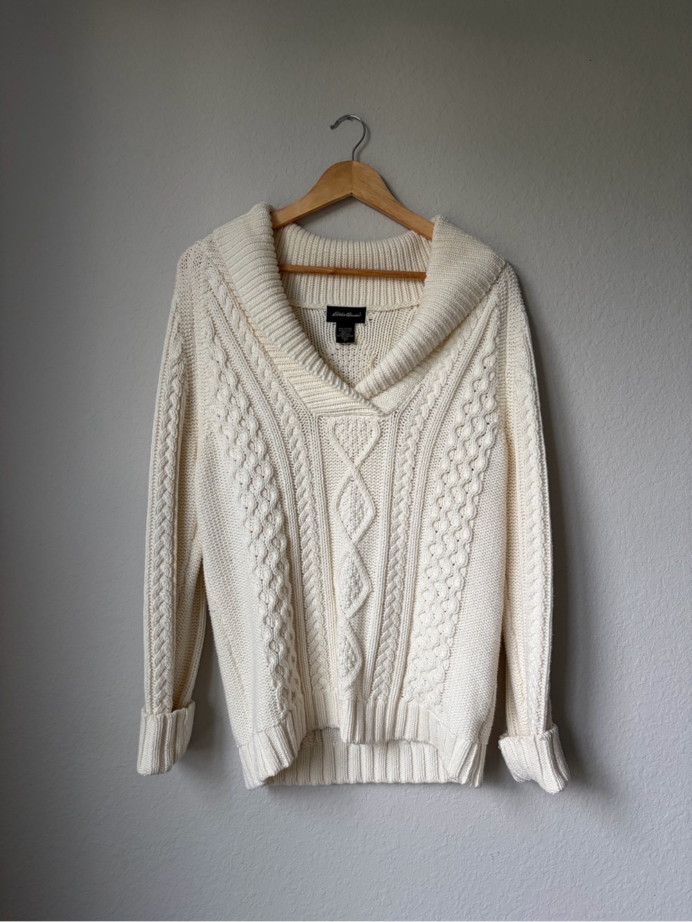 Eddie Bauer Ivory Fisherman Chunky Cable Knit Sweater Women’s Size Tall Medium